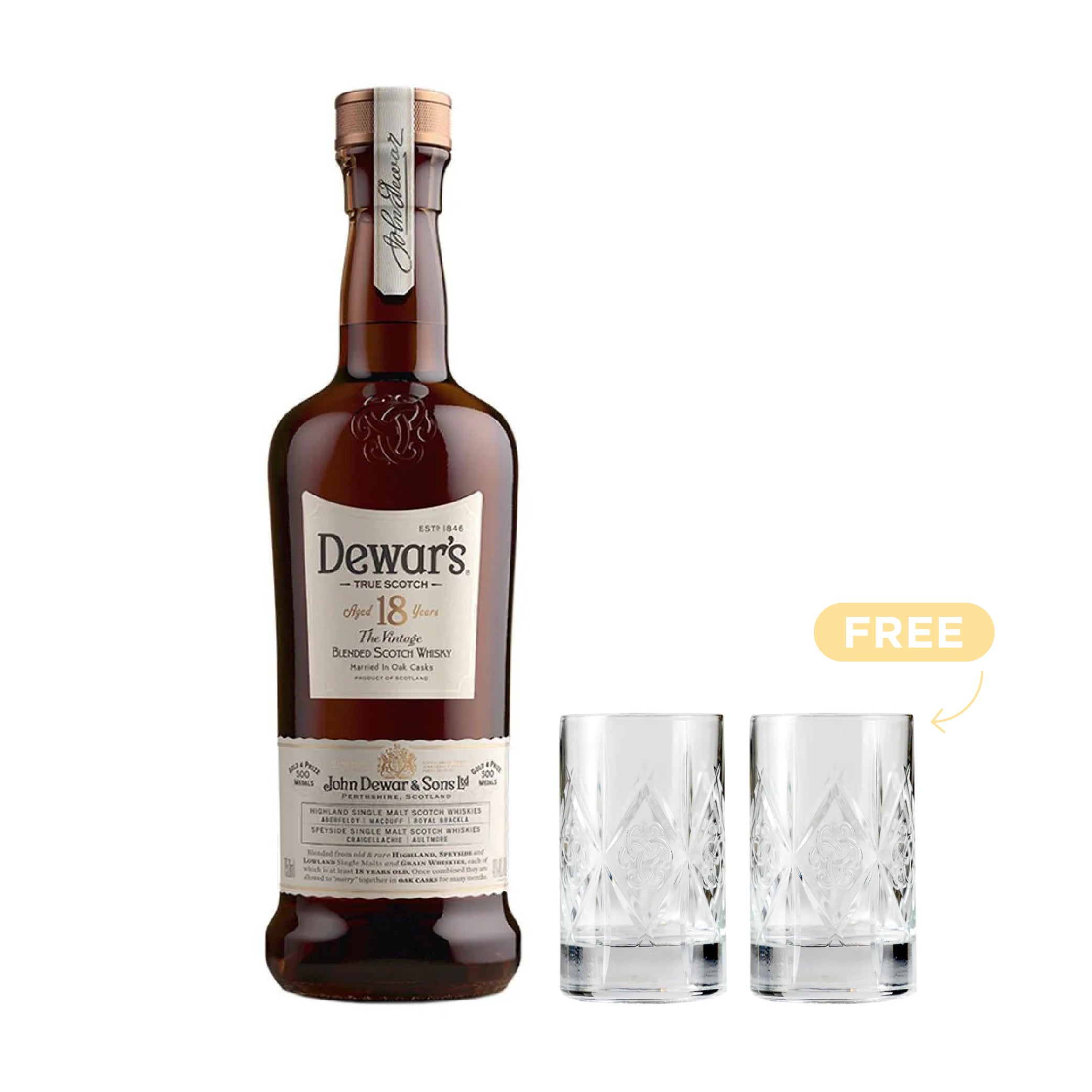 Dewar's 18 Years Old Blended Scotch Whisky 75cl + 2x FREE Glasses