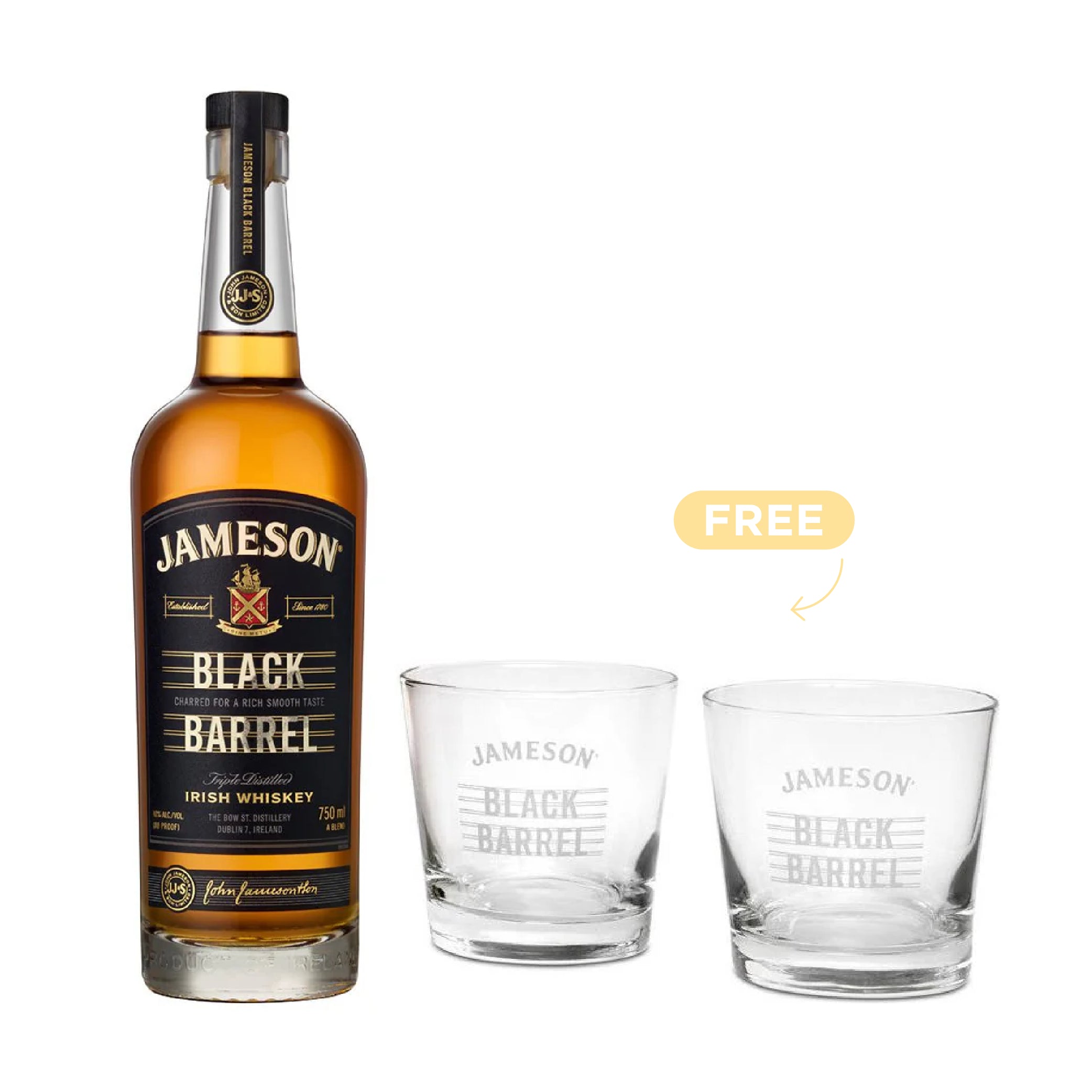 Jameson Irish Whiskey Black Barrel 70cl + 2x FREE Glasses