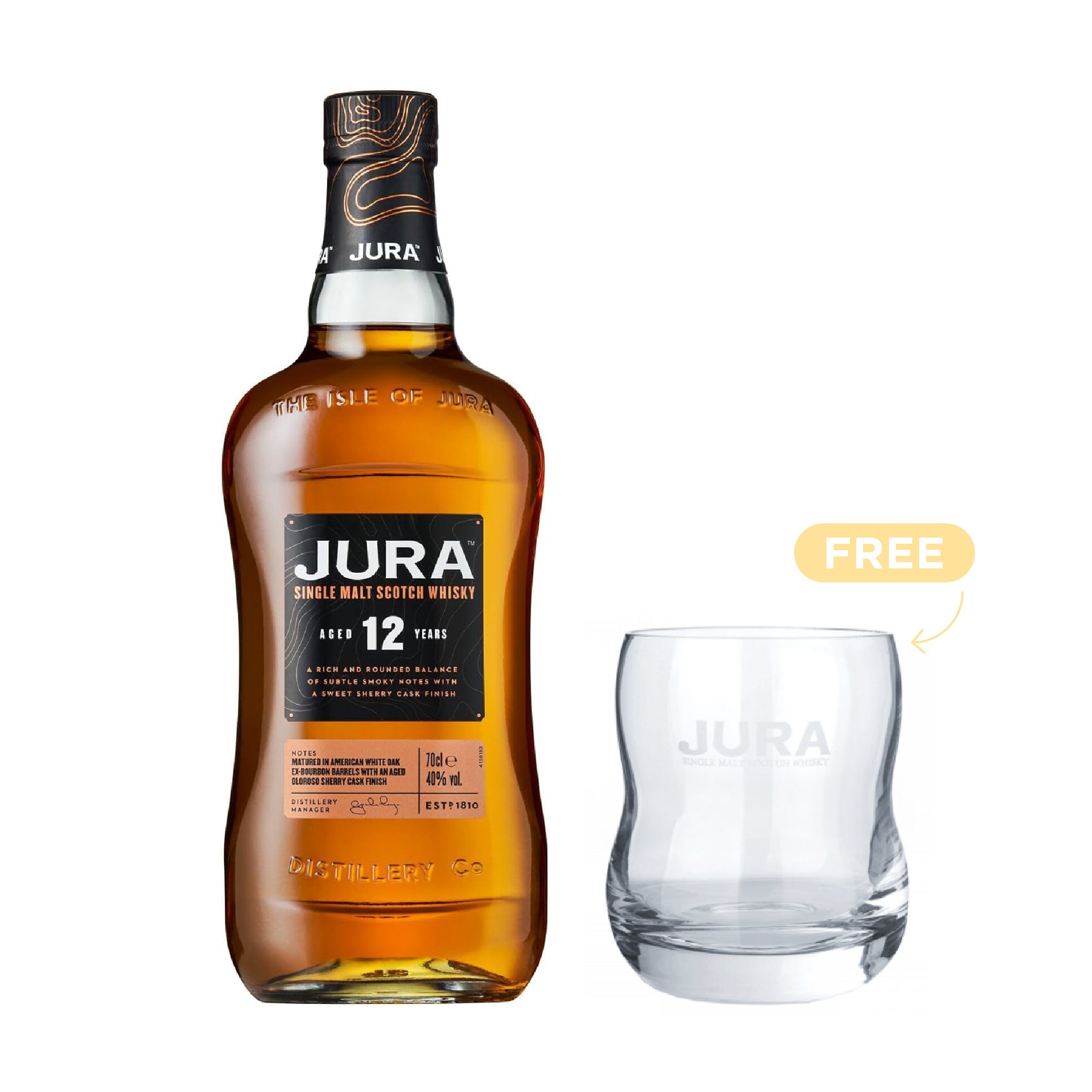 Jura 12 Years Old Single Malt Scotch Whisky 70cl + 1x FREE Glass