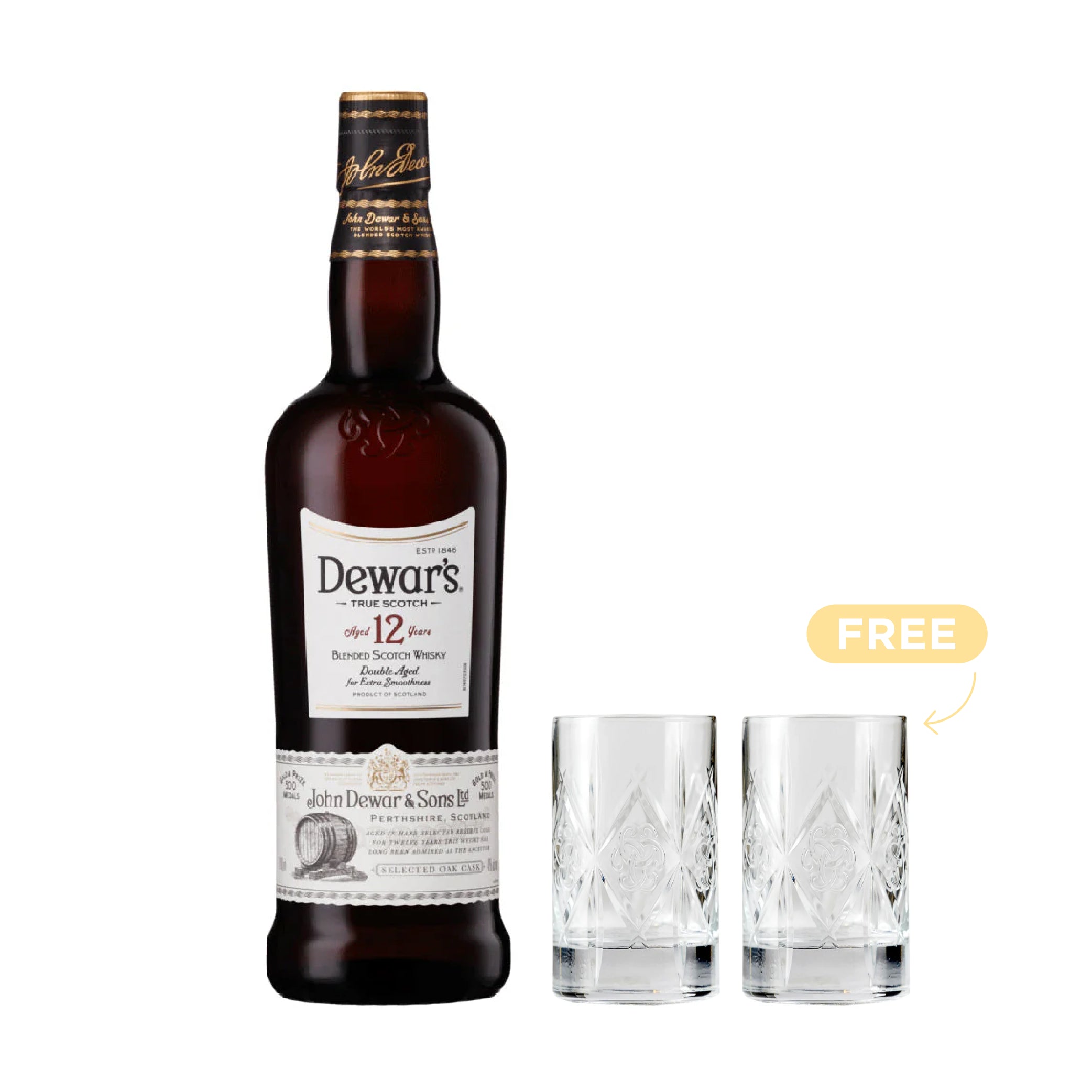 Dewar's 12 Years Old Blended Scotch Whisky 75cl + 2x FREE Glasses