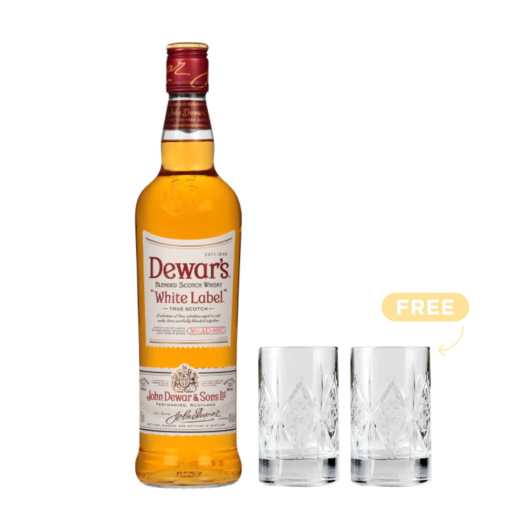 Dewar's White Label Blended Scotch Whisky 75cl + 2x FREE Glasses