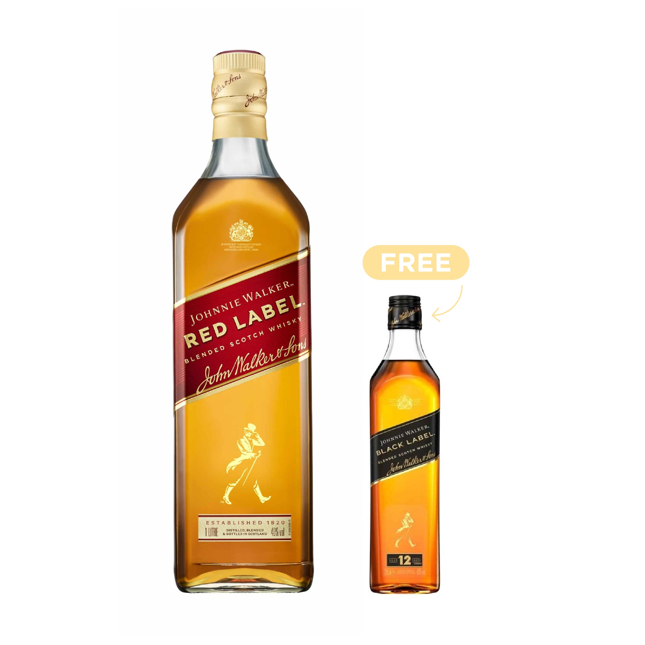 Johnnie Walker Red Label Blended Scotch Whisky 75cl + 1x FREE Black Label 20cl