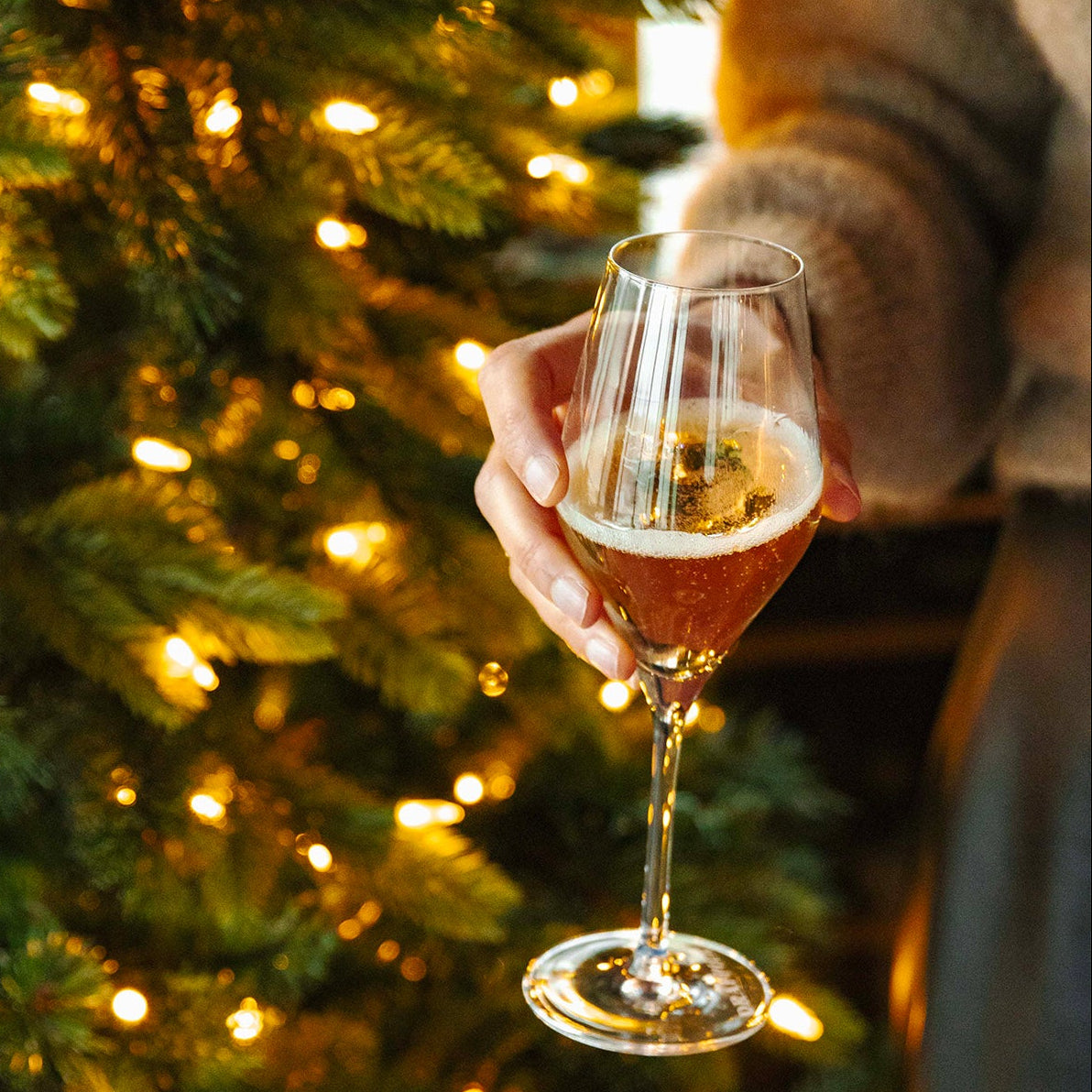 Hand holding a glass of champagne in front of a decorated Christmas tree.
