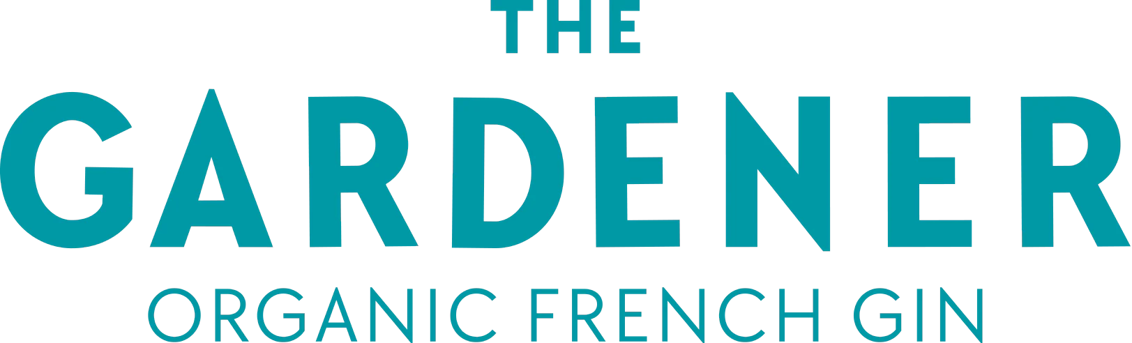Logo of 'The Gardener Organic French Gin' with teal text on a white background
